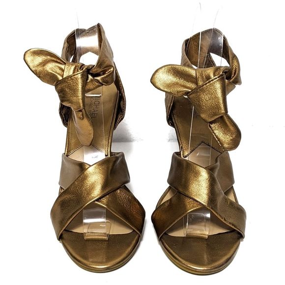 MICHAEL KORS Gold Leather Ankle Wrap Wedges 7.5 - Picture 2 of 9
